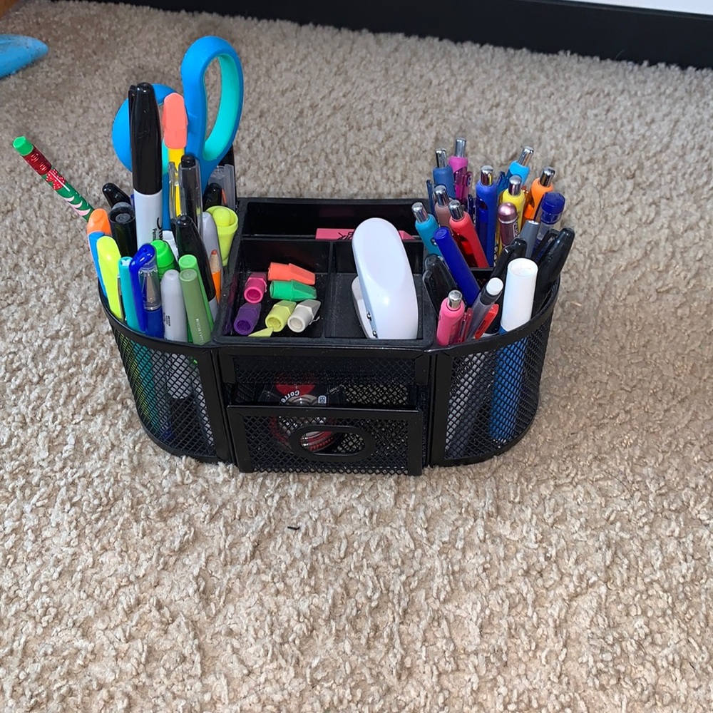 Mesh Pen Holder with 8 Compartments and 1 Drawer Desk Supplies
